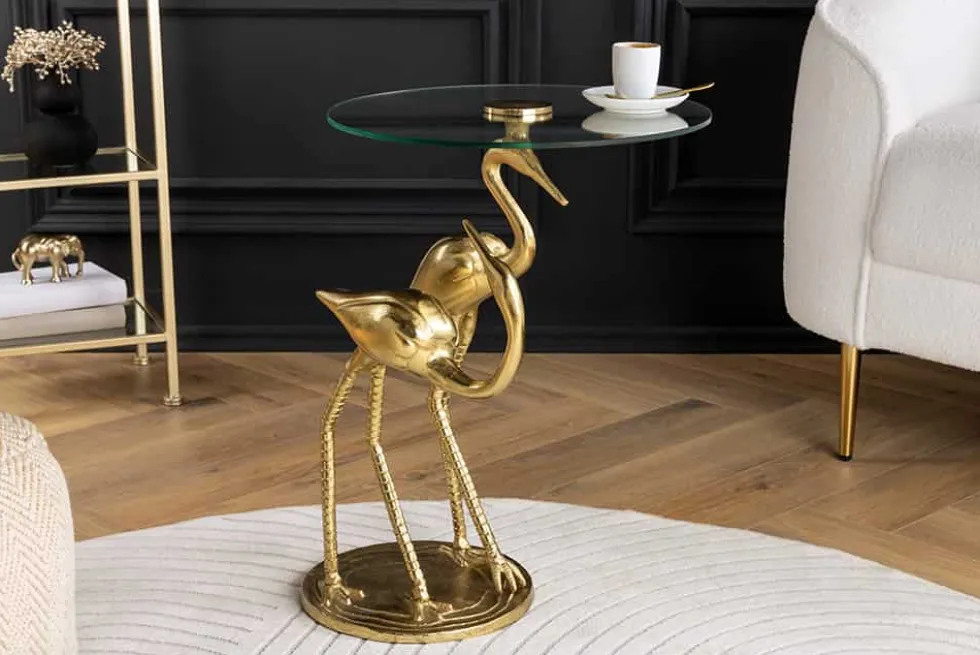 Runder Beistelltisch WILDLIFE CRANE 55cm gold Glas Kranich-Skulptur handmade