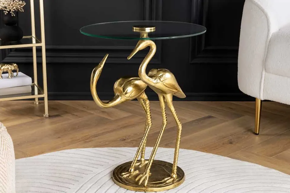 Runder Beistelltisch WILDLIFE CRANE 55cm gold Glas Kranich-Skulptur handmade