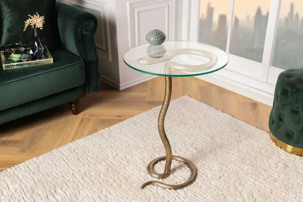 Runder Beistelltisch WILDLIFE SNAKE 65cm kupfer antik Metall Glas handmade