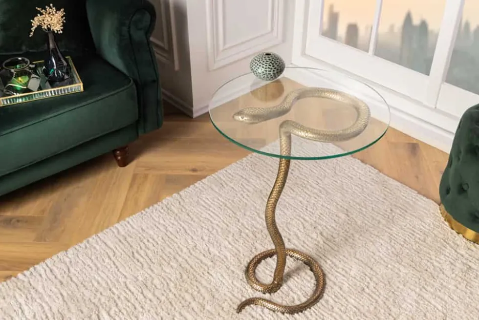 Runder Beistelltisch WILDLIFE SNAKE 65cm kupfer antik Metall Glas handmade