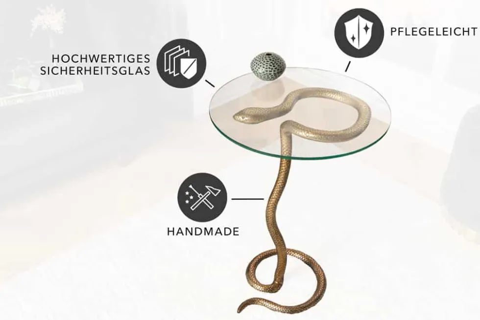 Runder Beistelltisch WILDLIFE SNAKE 65cm kupfer antik Metall Glas handmade