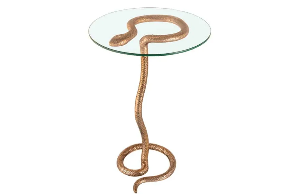 Runder Beistelltisch WILDLIFE SNAKE 65cm kupfer antik Metall Glas handmade