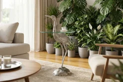 Runder Beistelltisch WILDLIFE HERON 90cm silber Metall Glas Fischreiher Skulptur handmade
