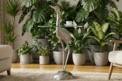 Runder Beistelltisch WILDLIFE HERON 90cm silber Metall Glas Fischreiher Skulptur handmade
