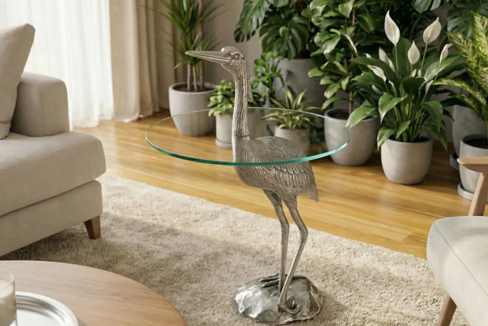 Runder Beistelltisch WILDLIFE HERON 90cm silber Metall Glas Fischreiher Skulptur handmade