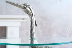 Runder Beistelltisch WILDLIFE HERON 90cm silber Metall Glas Fischreiher Skulptur handmade