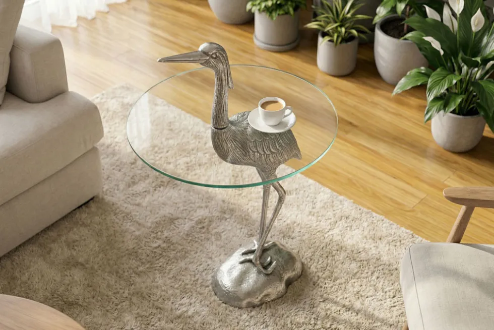 Runder Beistelltisch WILDLIFE HERON 90cm silber Metall Glas Fischreiher Skulptur handmade