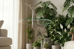 Runder Beistelltisch WILDLIFE HERON 90cm silber Metall Glas Fischreiher Skulptur handmade