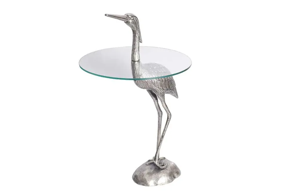 Runder Beistelltisch WILDLIFE HERON 90cm silber Metall Glas Fischreiher Skulptur handmade