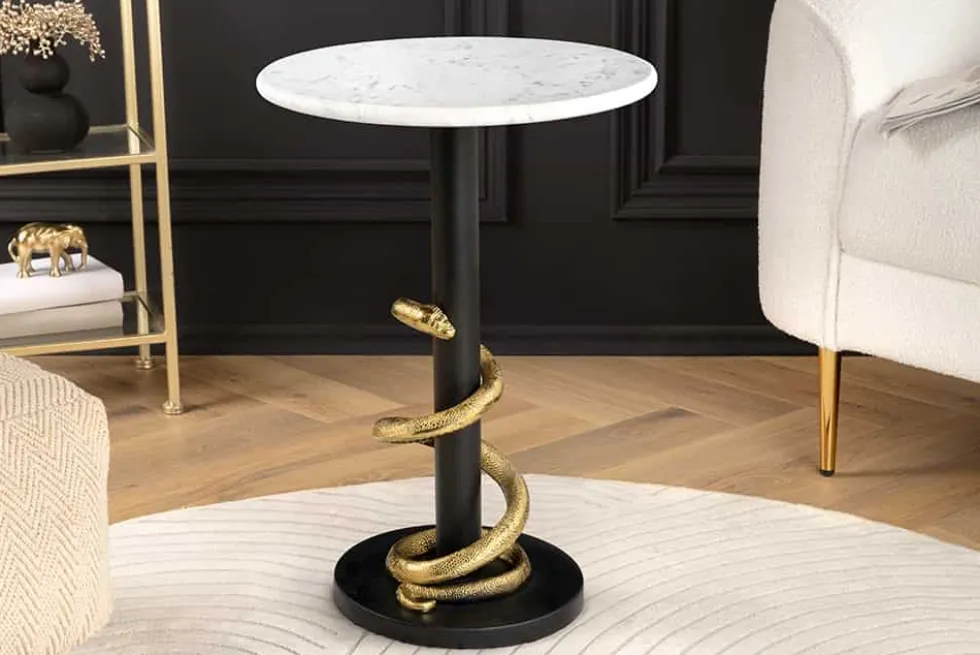 Runder Beistelltisch WILDLIFE SNAKE 55cm weiß Marmor gold schwarz Schlange Skulptur
