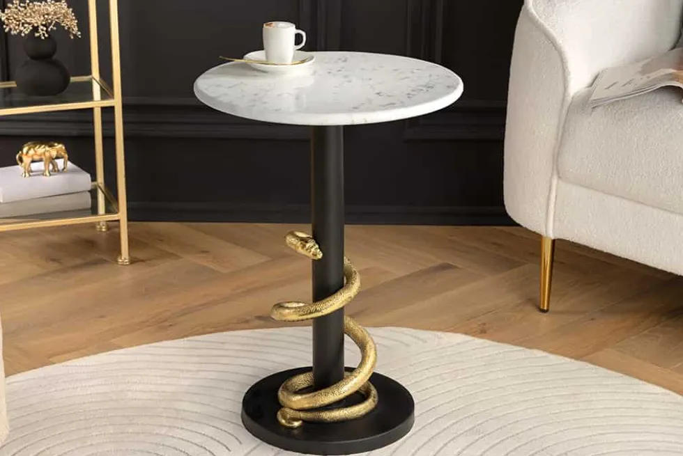 Runder Beistelltisch WILDLIFE SNAKE 55cm weiß Marmor gold schwarz Schlange Skulptur