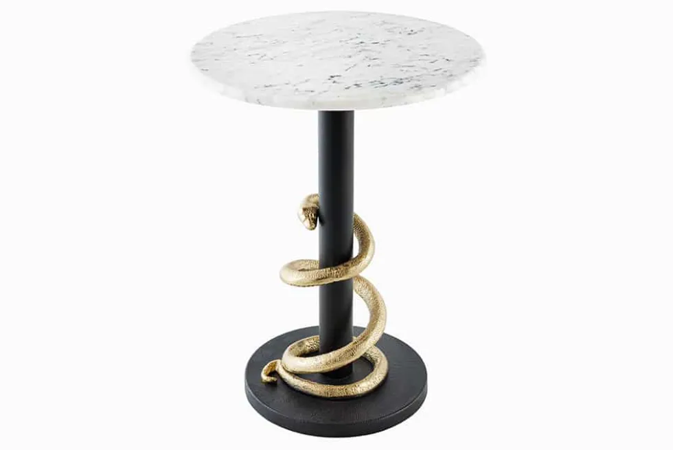 Runder Beistelltisch WILDLIFE SNAKE 55cm weiß Marmor gold schwarz Schlange Skulptur