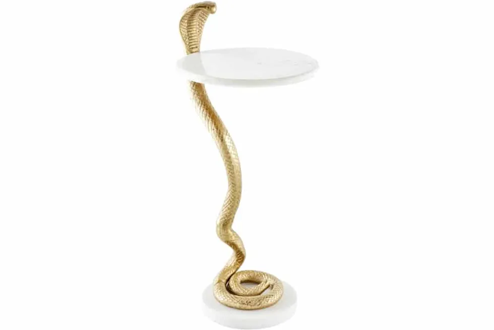 Runder Beistelltisch WILDLIFE COBRA 65cm gold weiß Marmor Schlangen-Skulptur handmade