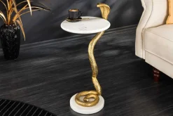 Runder Beistelltisch WILDLIFE COBRA 65cm gold weiß Marmor Schlangen-Skulptur handmade