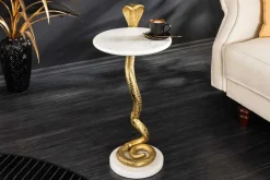 Runder Beistelltisch WILDLIFE COBRA 65cm gold weiß Marmor Schlangen-Skulptur handmade