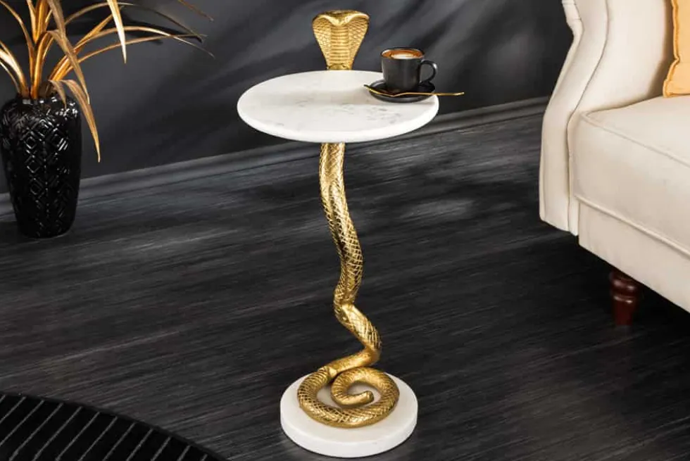 Runder Beistelltisch WILDLIFE COBRA 65cm gold weiß Marmor Schlangen-Skulptur handmade