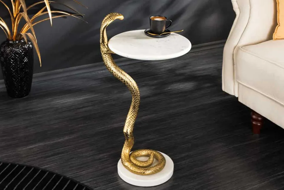 Runder Beistelltisch WILDLIFE COBRA 65cm gold weiß Marmor Schlangen-Skulptur handmade