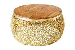 Runder Couchtisch ABSTRACT LEAF 75cm gold Metall massiv Akazienholz filigrane Handarbeit