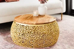 Runder Couchtisch ABSTRACT LEAF 75cm gold Metall massiv Akazienholz filigrane Handarbeit