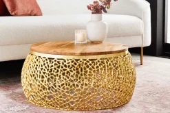 Runder Couchtisch ABSTRACT LEAF 75cm gold Metall massiv Akazienholz filigrane Handarbeit