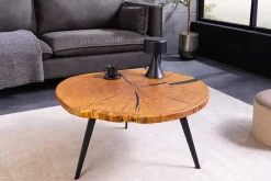 Runder Couchtisch ARBOR 75cm natur Eiche Massivholz schwarz Metall Beistelltisch
