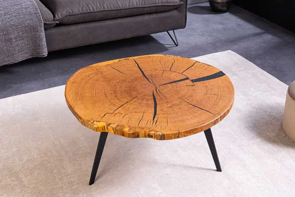 Runder Couchtisch ARBOR 75cm natur Eiche Massivholz schwarz Metall Beistelltisch