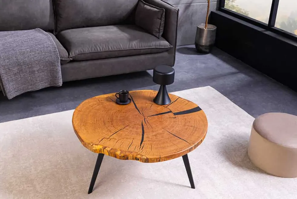 Runder Couchtisch ARBOR 75cm natur Eiche Massivholz schwarz Metall Beistelltisch