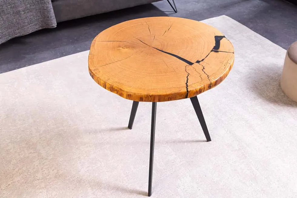 Runder Couchtisch ARBOR 55cm natur Eiche Massivholz schwarz Metall Beistelltisch