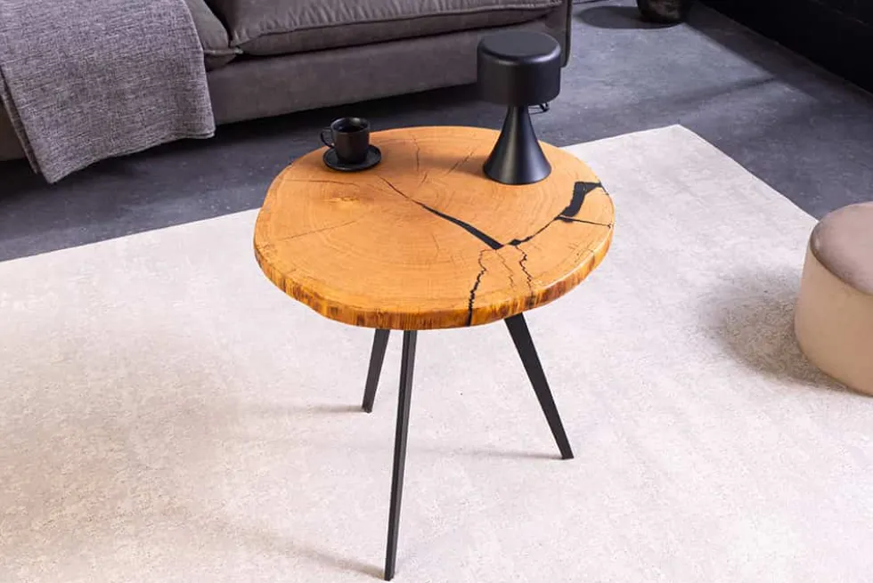Runder Couchtisch ARBOR 55cm natur Eiche Massivholz schwarz Metall Beistelltisch