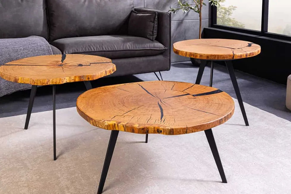 Runder Couchtisch ARBOR 55cm natur Eiche Massivholz schwarz Metall Beistelltisch