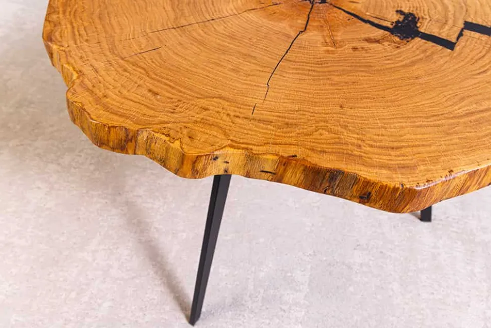Runder Couchtisch ARBOR 65cm natur Eiche Massivholz schwarz Metall Beistelltisch