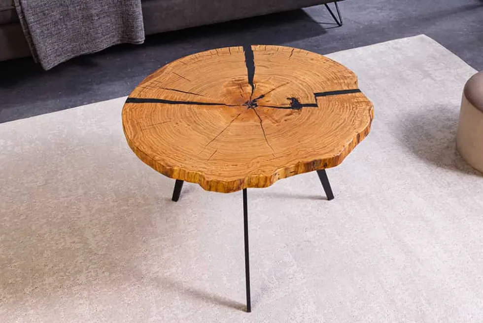 Runder Couchtisch ARBOR 65cm natur Eiche Massivholz schwarz Metall Beistelltisch