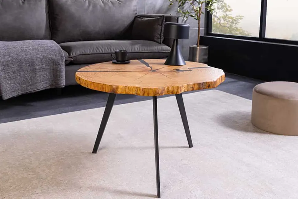 Runder Couchtisch ARBOR 65cm natur Eiche Massivholz schwarz Metall Beistelltisch