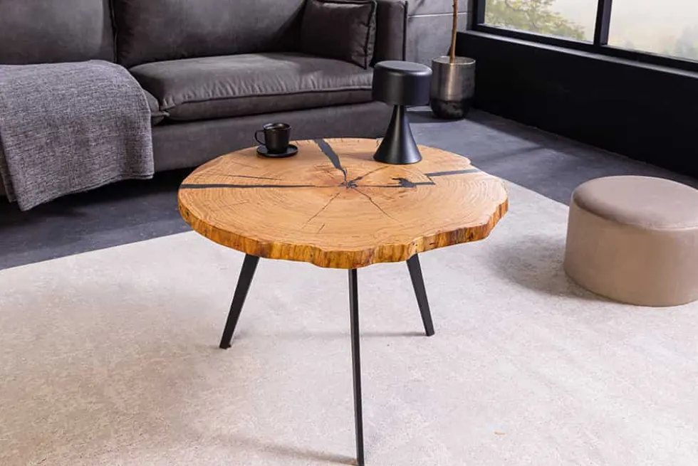 Runder Couchtisch ARBOR 65cm natur Eiche Massivholz schwarz Metall Beistelltisch