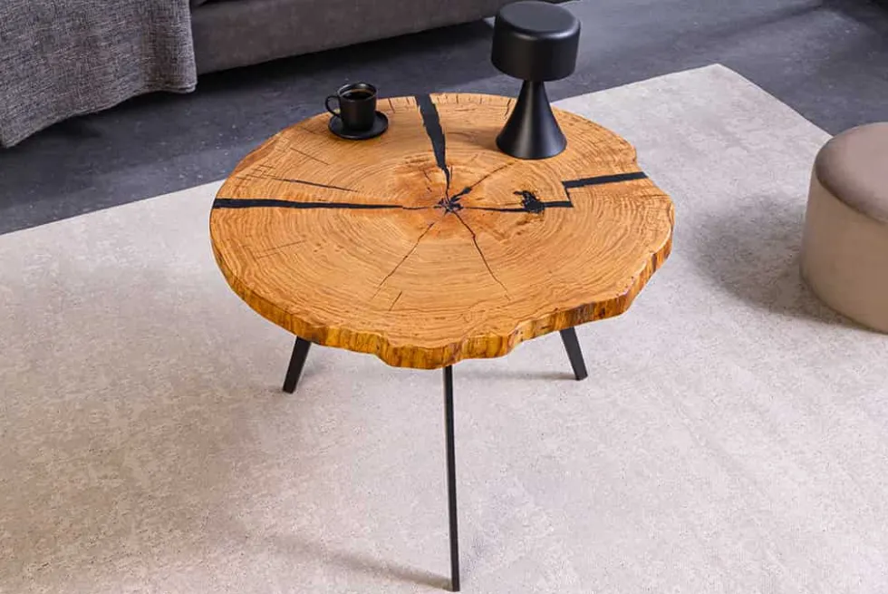Runder Couchtisch ARBOR 65cm natur Eiche Massivholz schwarz Metall Beistelltisch