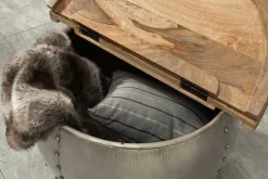 Runder Couchtisch DRUMP STORAGE 70cm natur silber Mangoholz mit Stauraum handmade Industrial