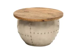 Runder Couchtisch DRUMP STORAGE 70cm natur silber Mangoholz mit Stauraum handmade Industrial