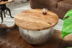 Runder Couchtisch DRUMP STORAGE 70cm natur silber Mangoholz mit Stauraum handmade Industrial