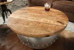 Runder Couchtisch DRUMP STORAGE 70cm natur silber Mangoholz mit Stauraum handmade Industrial