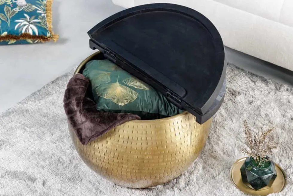 Runder Couchtisch DRUMP STORAGE 60cm gold schwarz Mangoholz Metall mit Stauraum Hammerschlag