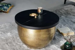 Runder Couchtisch DRUMP STORAGE 60cm gold schwarz Mangoholz Metall mit Stauraum Hammerschlag