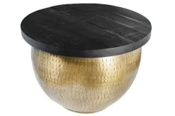 Runder Couchtisch DRUMP STORAGE 60cm gold schwarz Mangoholz Metall mit Stauraum Hammerschlag