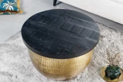 Runder Couchtisch DRUMP STORAGE 60cm gold schwarz Mangoholz Metall mit Stauraum Hammerschlag