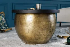 Runder Couchtisch DRUMP STORAGE 60cm gold schwarz Mangoholz Metall mit Stauraum Hammerschlag