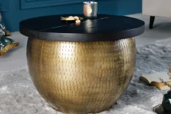 Runder Couchtisch DRUMP STORAGE 60cm gold schwarz Mangoholz Metall mit Stauraum Hammerschlag