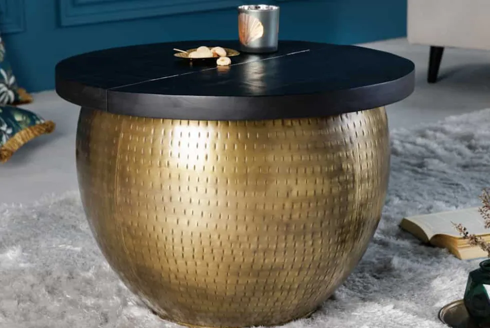 Runder Couchtisch DRUMP STORAGE 60cm gold schwarz Mangoholz Metall mit Stauraum Hammerschlag