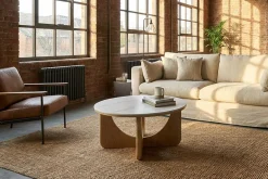 Runder Couchtisch ENSO 80cm weiß Marmor Keramik Eichenholz