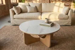 Runder Couchtisch ENSO 80cm weiß Marmor Keramik Eichenholz
