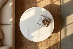 Runder Couchtisch ENSO 80cm weiß Marmor Keramik Eichenholz
