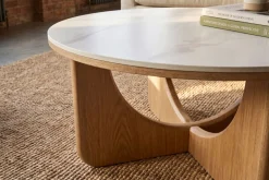 Runder Couchtisch ENSO 80cm weiß Marmor Keramik Eichenholz
